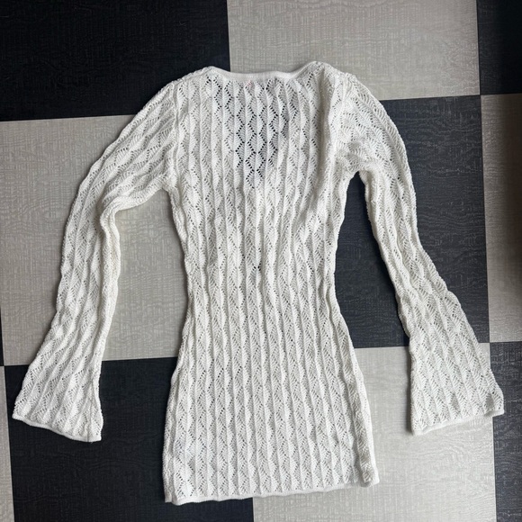 Edikted White Crochet Sweater Dress M Boho Hippie Fit & Flare Bell Sleeve Knit - Picture 5 of 7